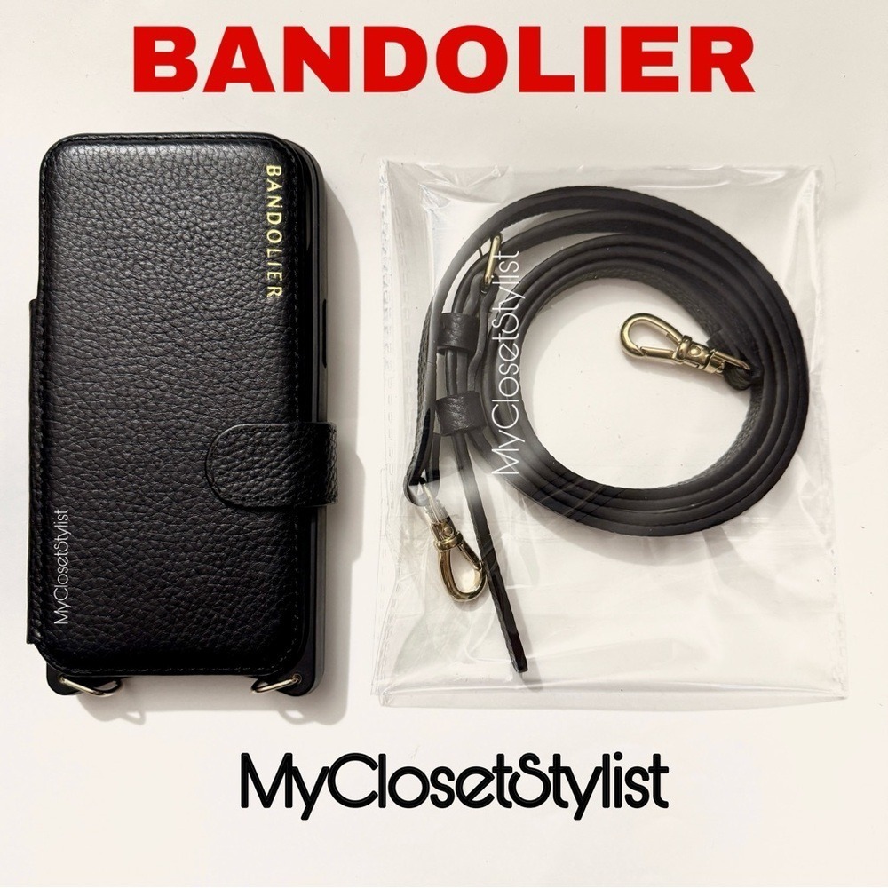 NEW Bandolier Black Leather FOLIO 12& Pro Gold iPhone Crossbody Purse CASE STRAP